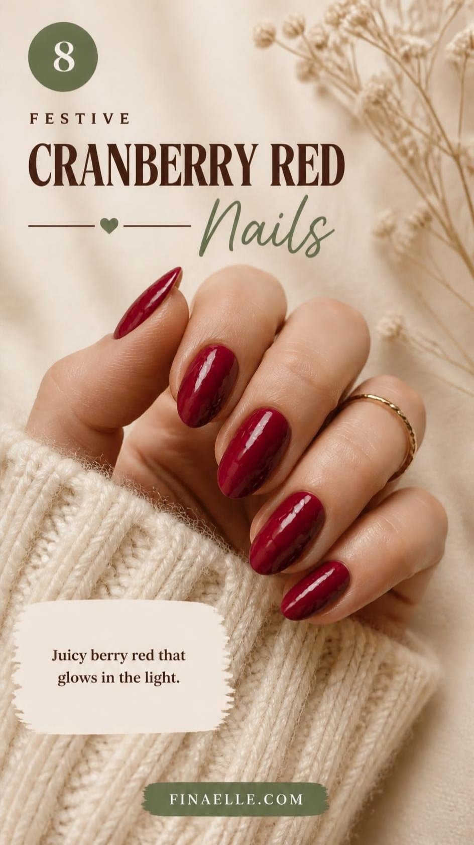Cranberry red October nail color on glossy almond nails