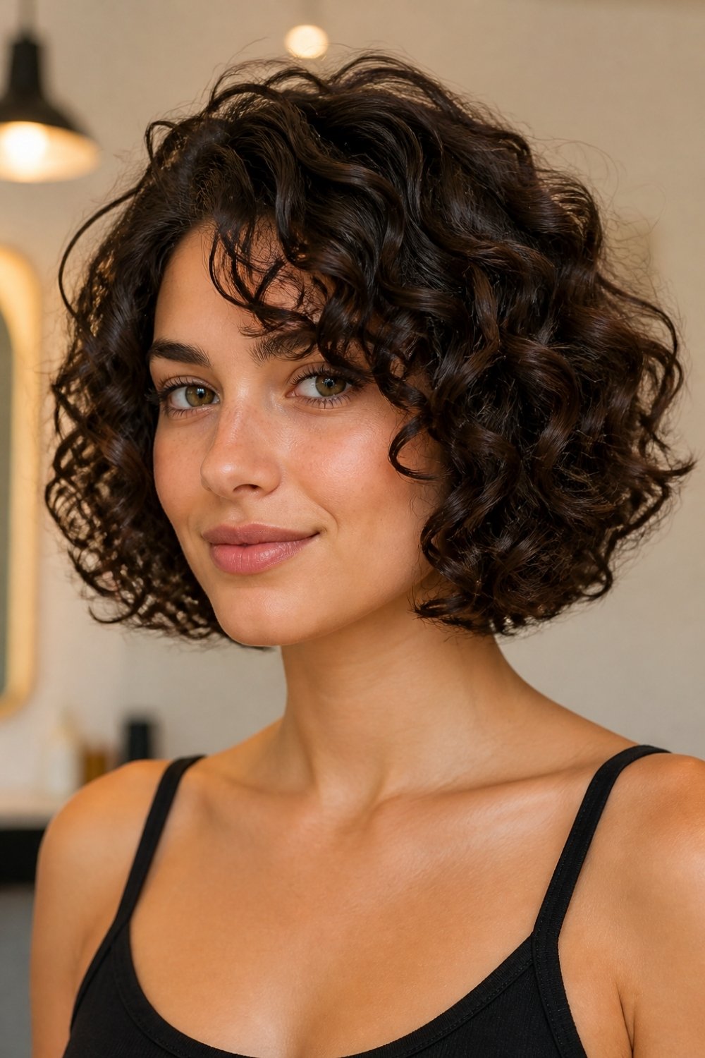 Curly bob haircut for women with defined natural curls and rich dark brown hair