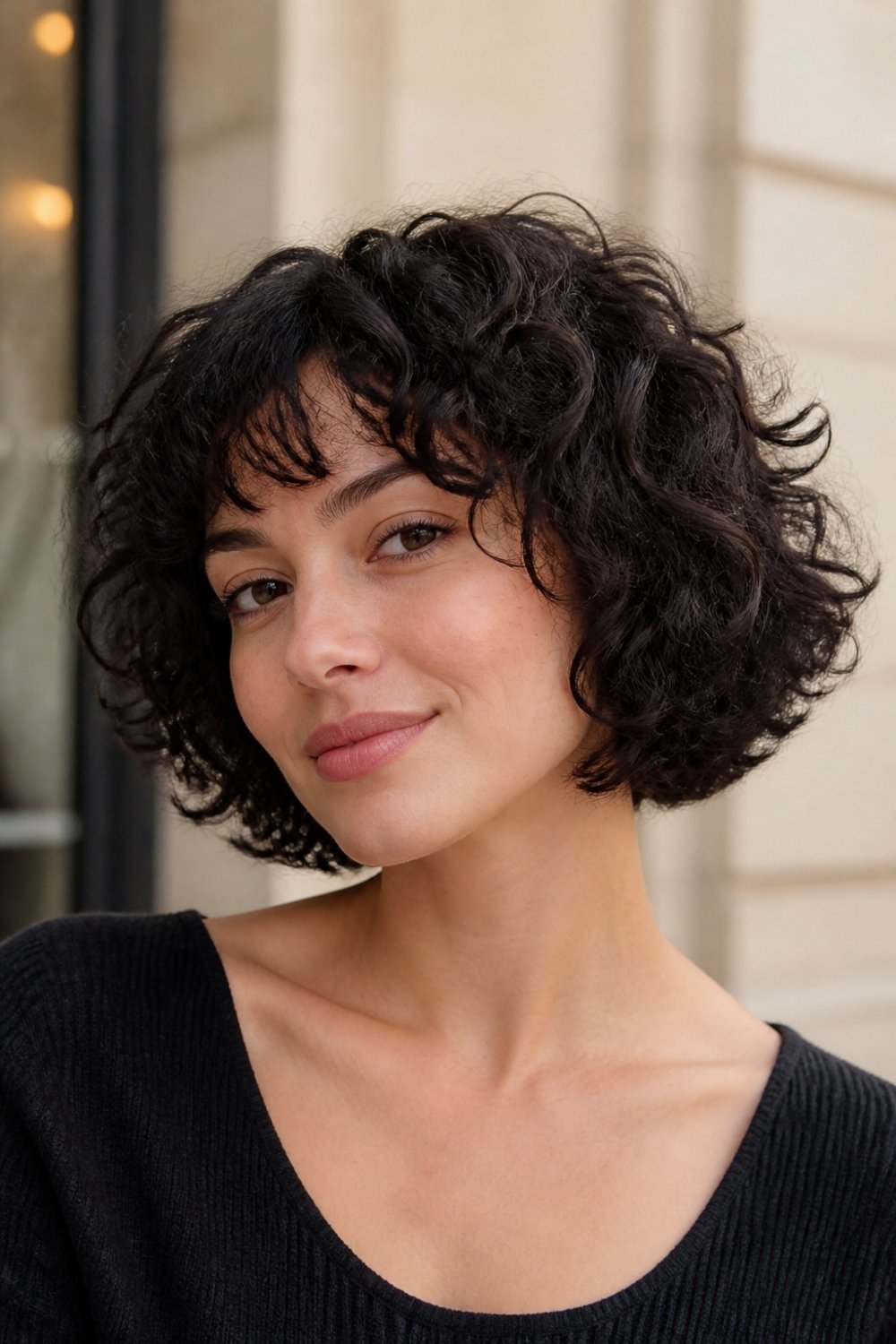 Curly French bob haircut with defined natural curls in black hair