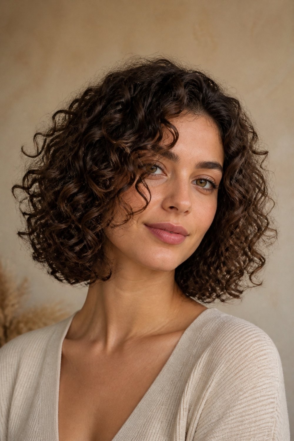 Curly lob haircut with natural dark brown curls long bob