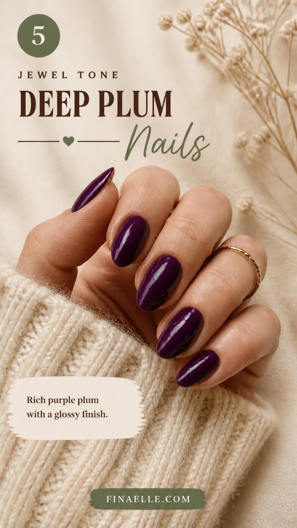 Deep plum October nail color on glossy almond nails