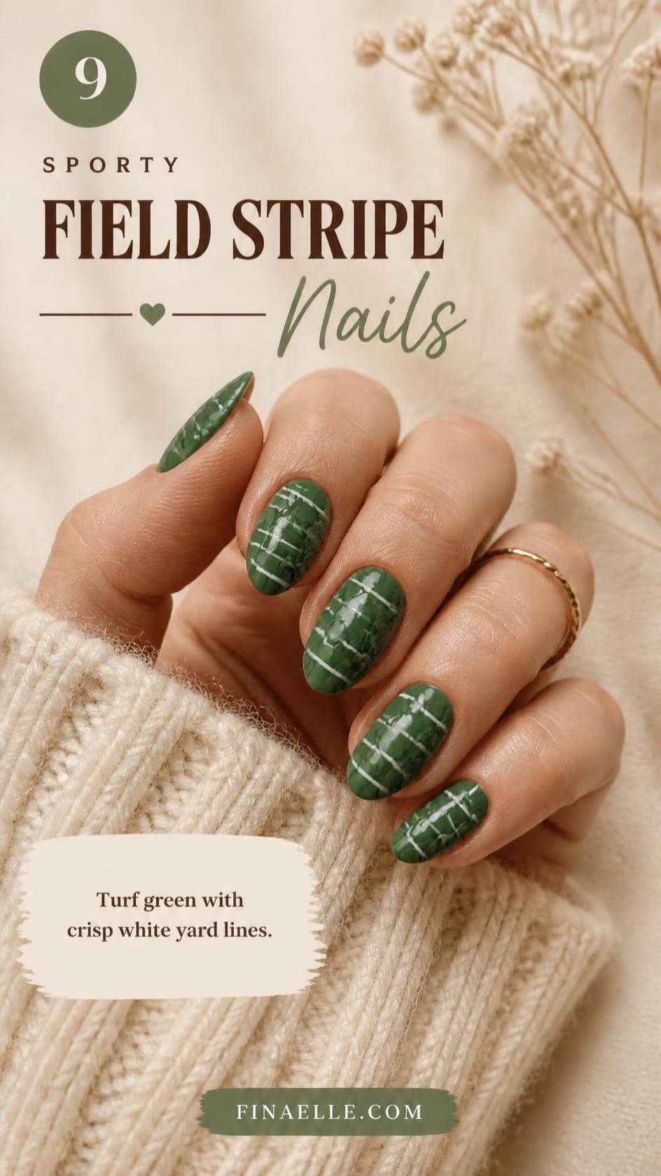 Football field stripe nail art with white yard lines on green almond nails