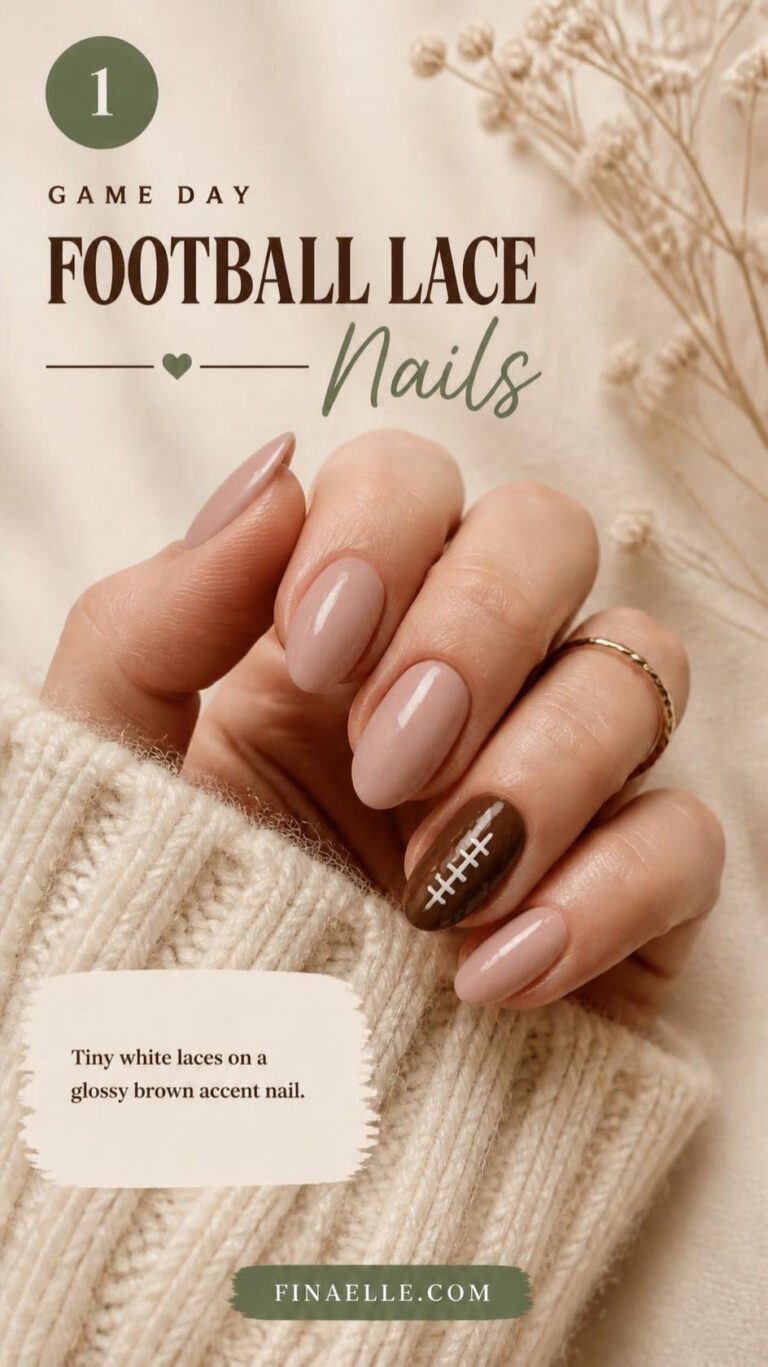Football lace NFL nail art with white laces on a brown accent nail and nude almond nails