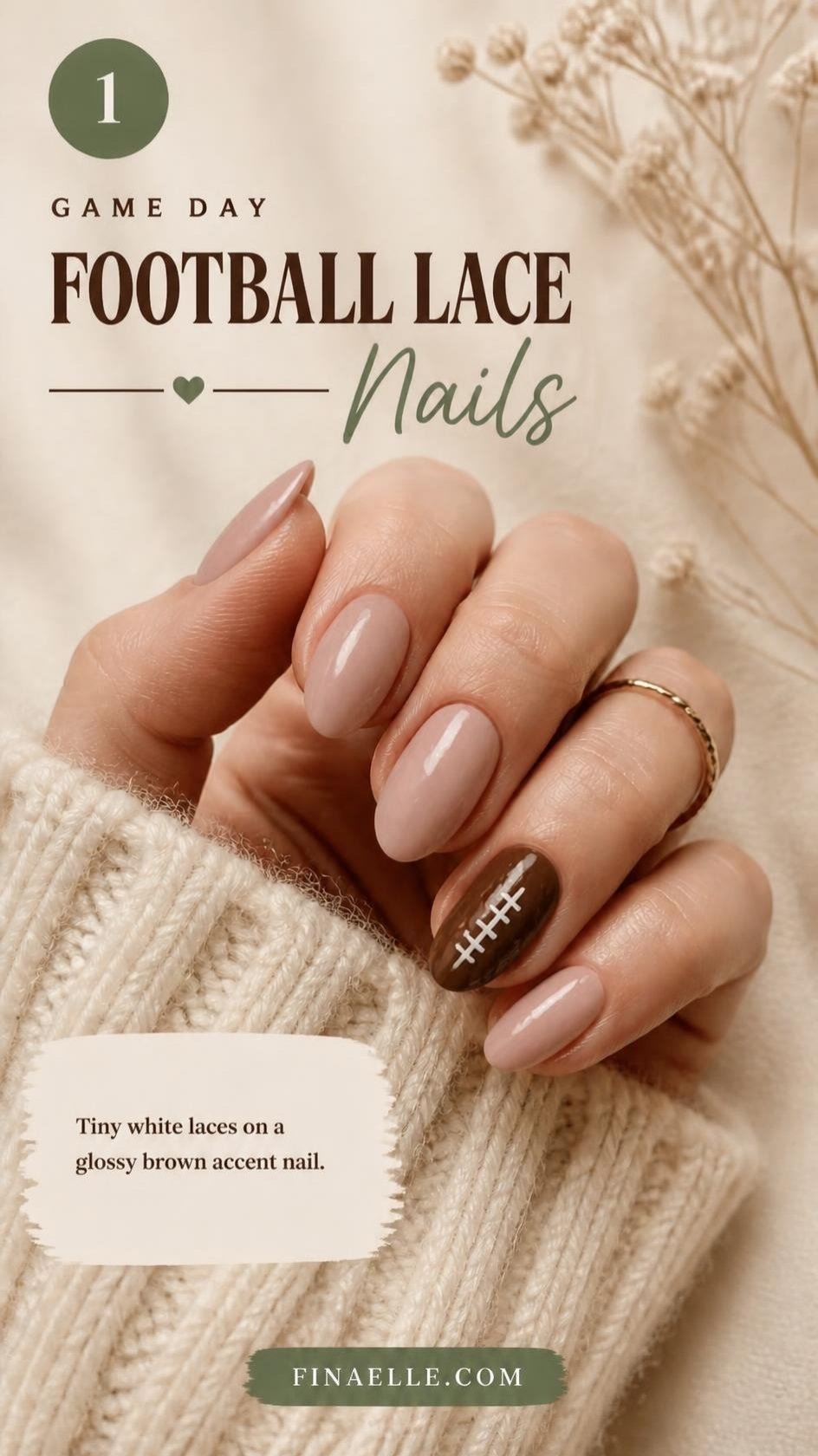 Football lace NFL nail art with white laces on a brown accent nail and nude almond nails