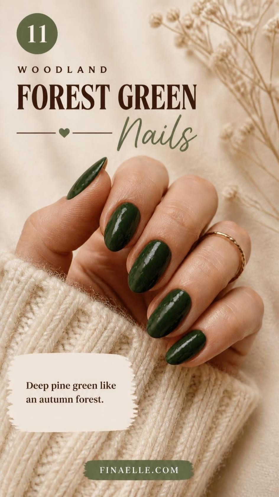Forest green October nail color on glossy almond nails