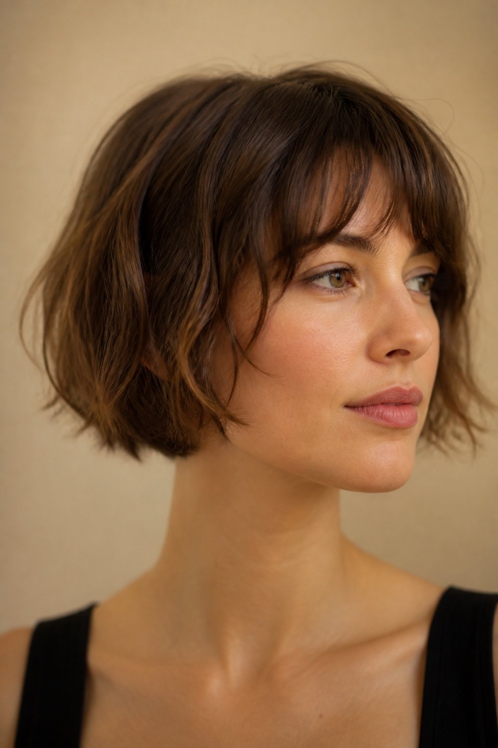 French bob with bangs haircut for women with soft wavy chestnut hair