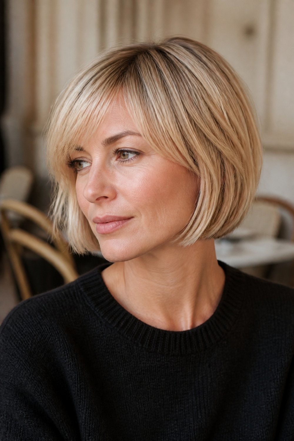 French bob for fine hair with blunt ends in champagne blonde