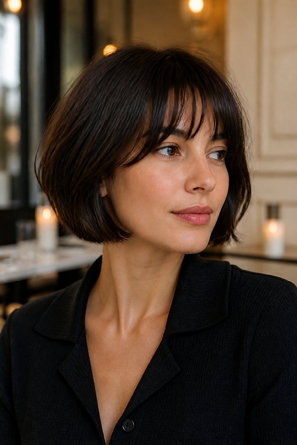 French bob for thick hair with internal layers in dark brunette hair