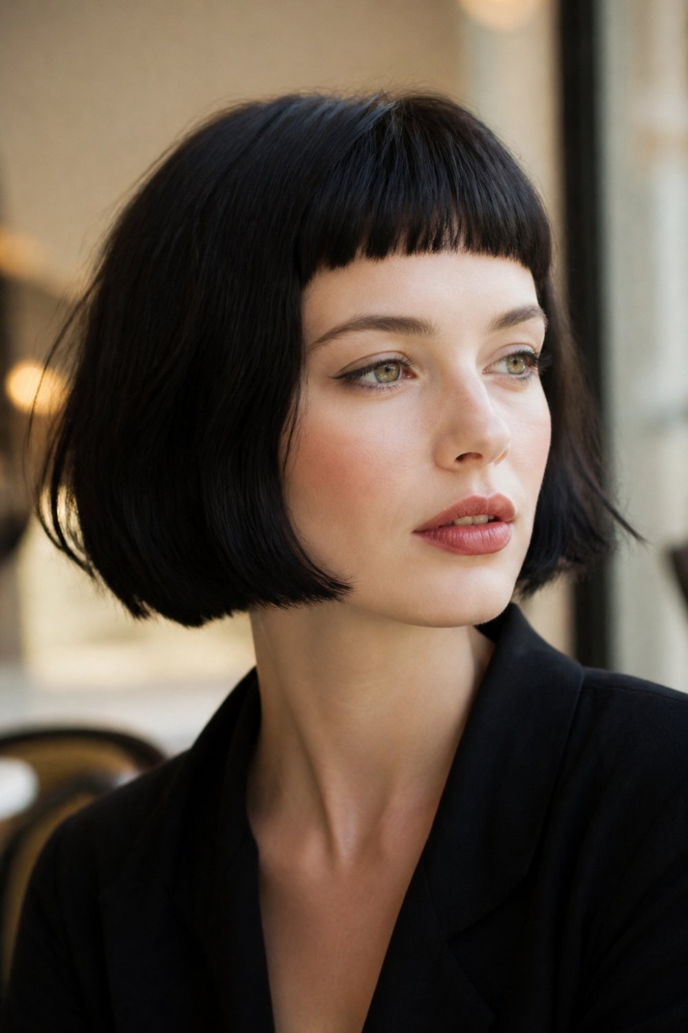 French bob with baby bangs in jet black hair
