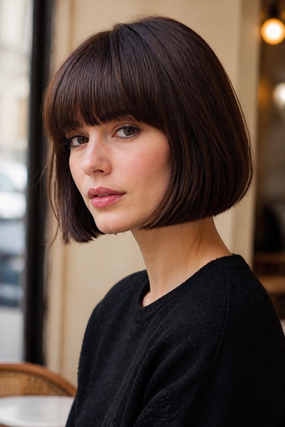 French bob with blunt bangs in glossy espresso brown hair