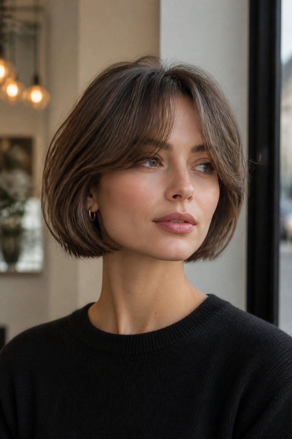 French bob with curtain bangs in ash brown hair with a middle part