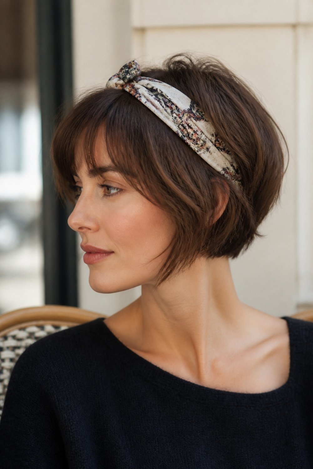 French bob haircut accessorized with a silk scarf headband in chestnut hair