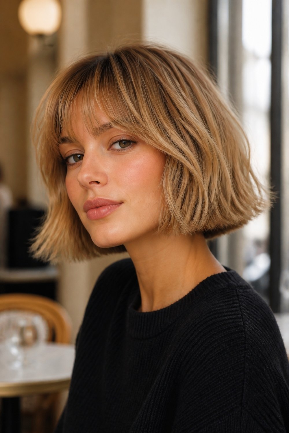 French bob with wispy bangs in honey blonde hair and soft undone texture