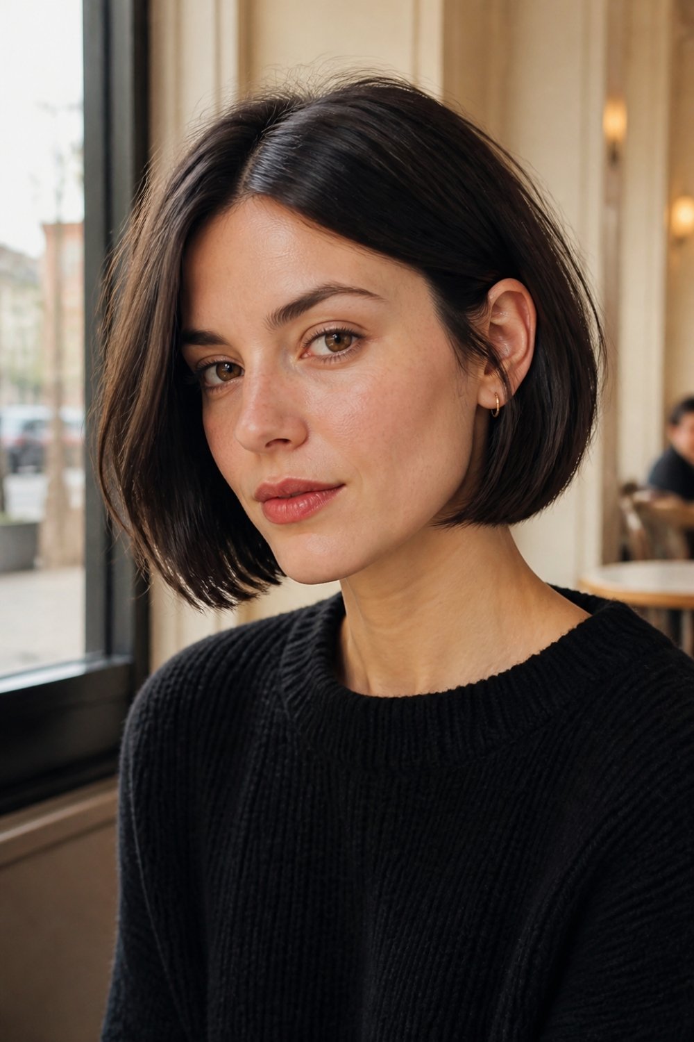 French bob without bangs tucked behind the ear in soft black hair