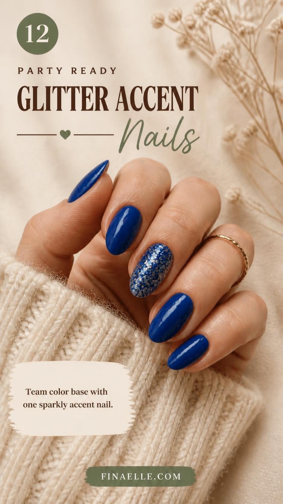 Glitter accent NFL nails with cobalt blue polish and a sparkly silver glitter accent nail