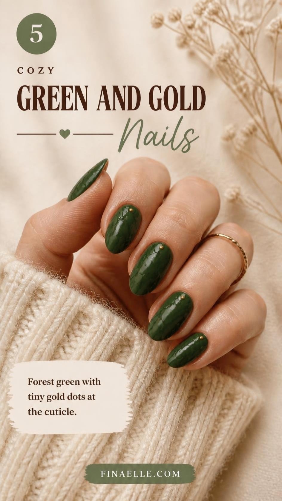 Green and gold NFL nails with forest green polish and tiny gold dots for game day
