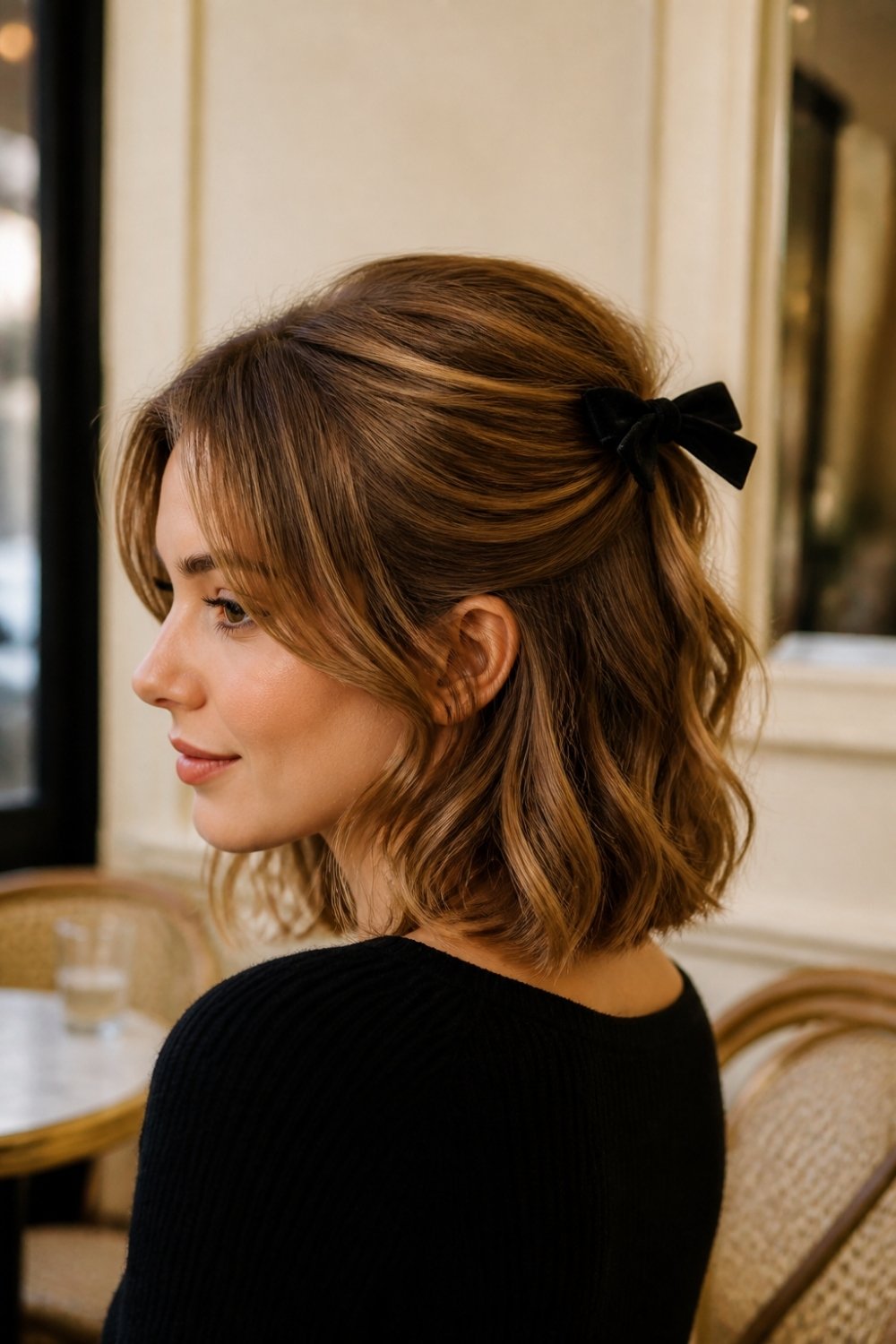 Half-up French bob hairstyle with a bow clip for special occasions in golden brown hair