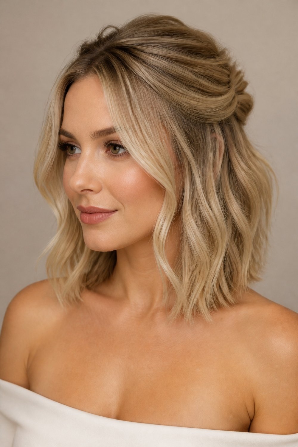 Half up lob haircut with soft waves in champagne blonde long bob