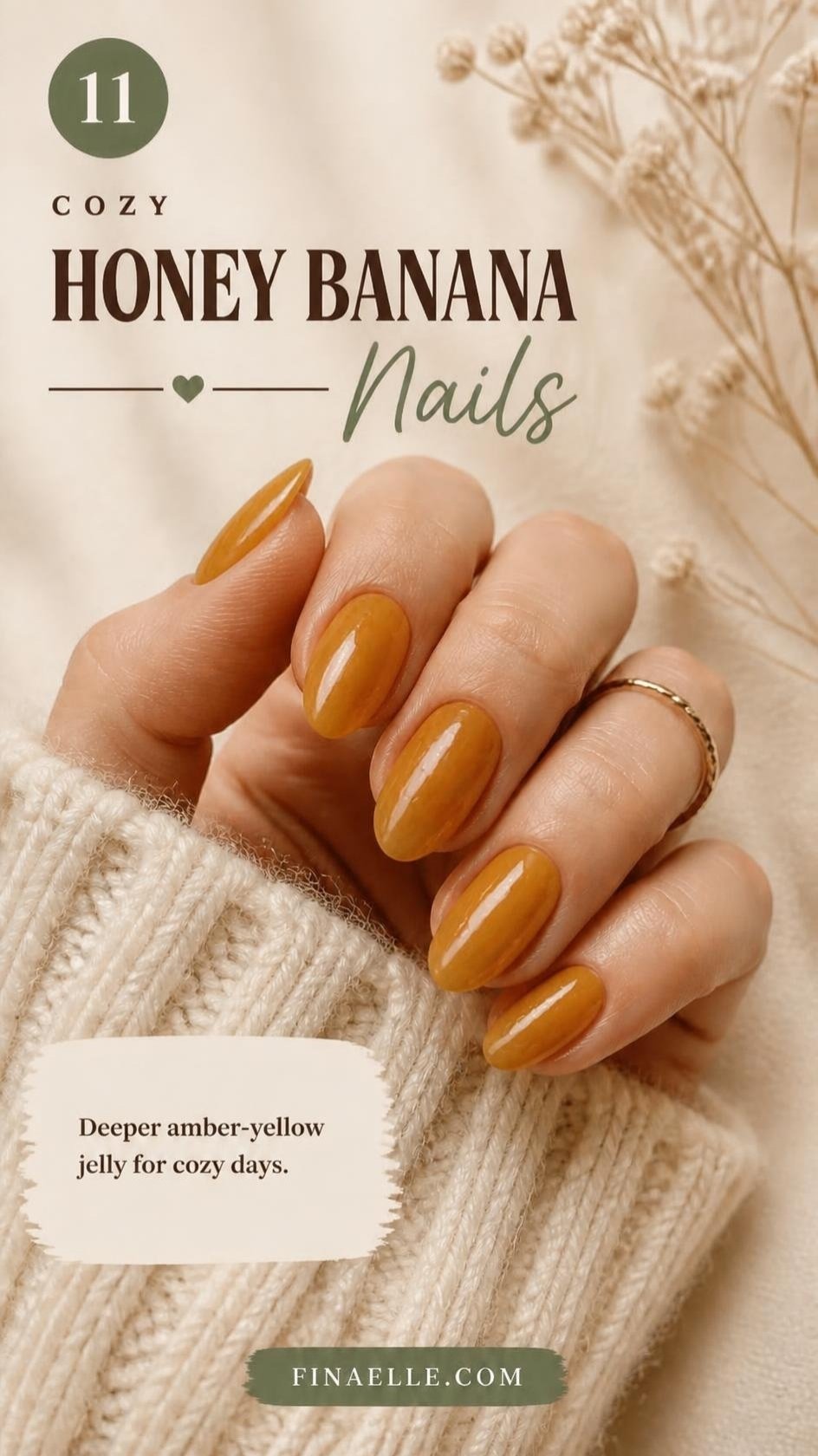 Honey banana syrup nails with warm amber yellow jelly polish on glossy almond nails
