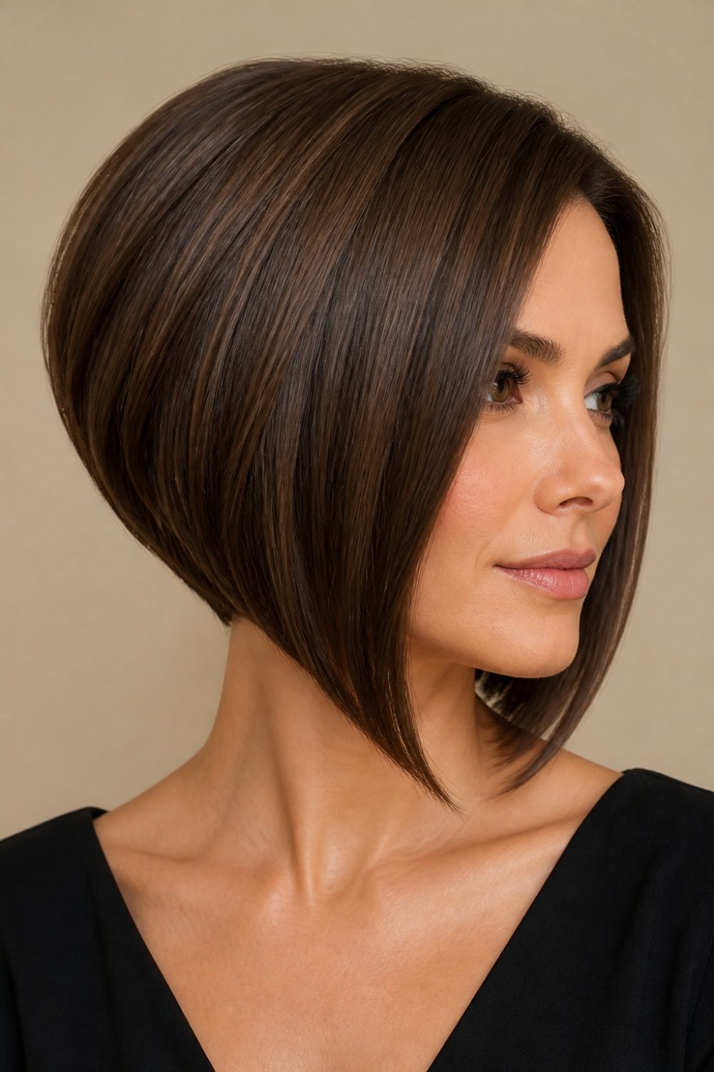 Inverted bob haircut for women with short back and long front, glossy chocolate brown hair