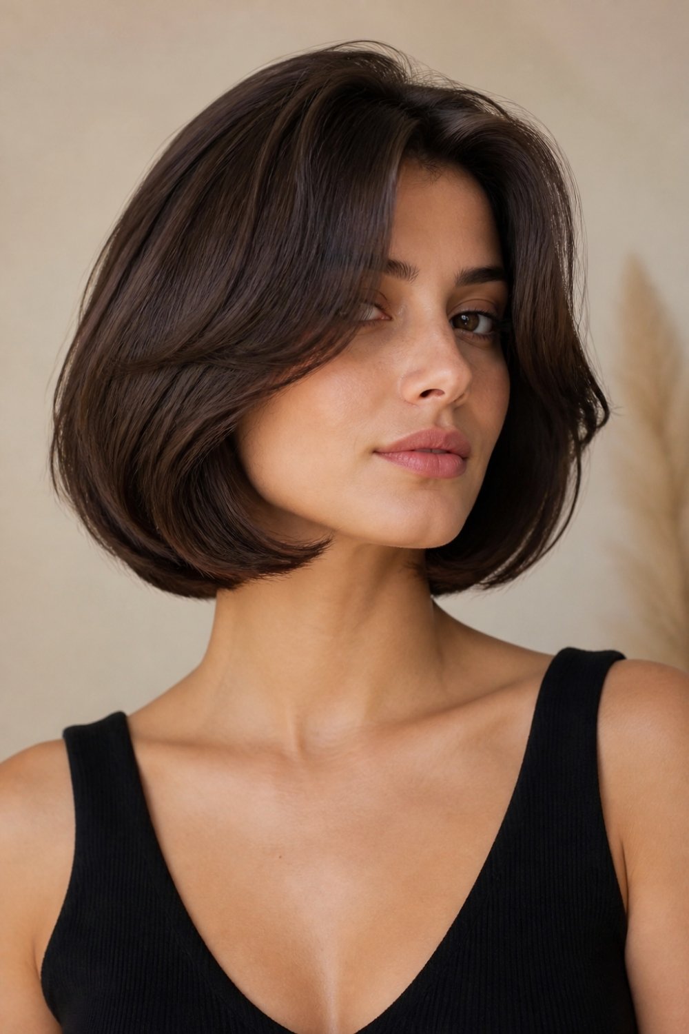 Italian bob haircut for women with voluminous glossy jaw-length espresso brown hair