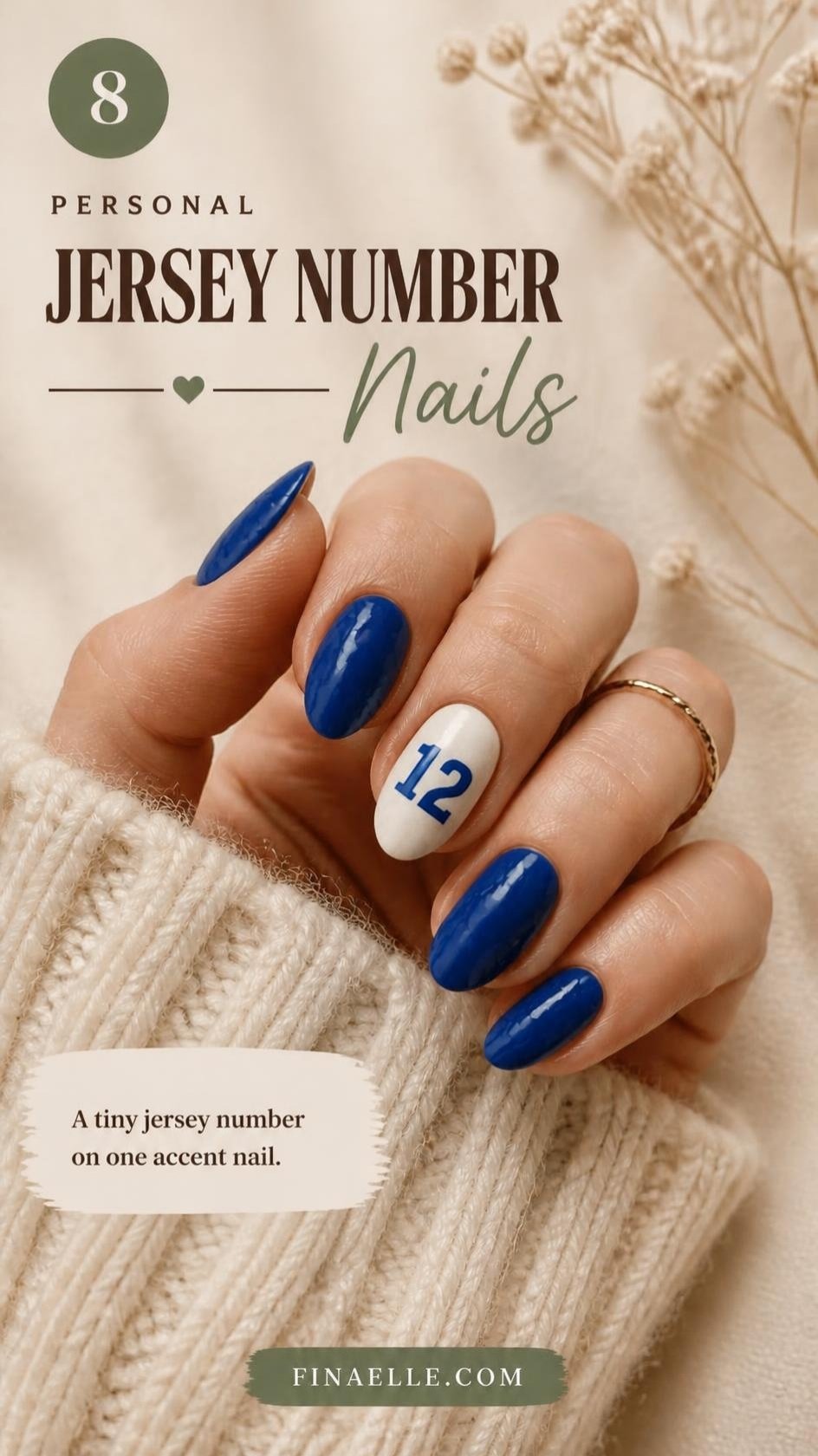 Jersey number NFL nail art with a blue number on a white accent nail and blue almond nails