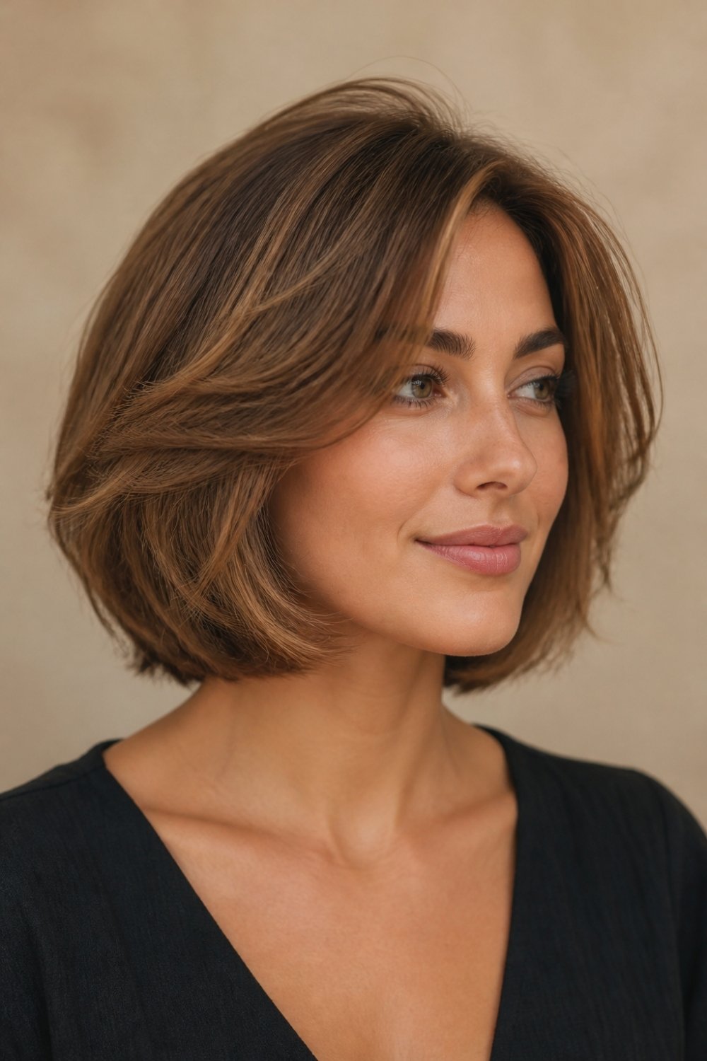 Soft layered bob haircut for women with movement and thick caramel brown hair