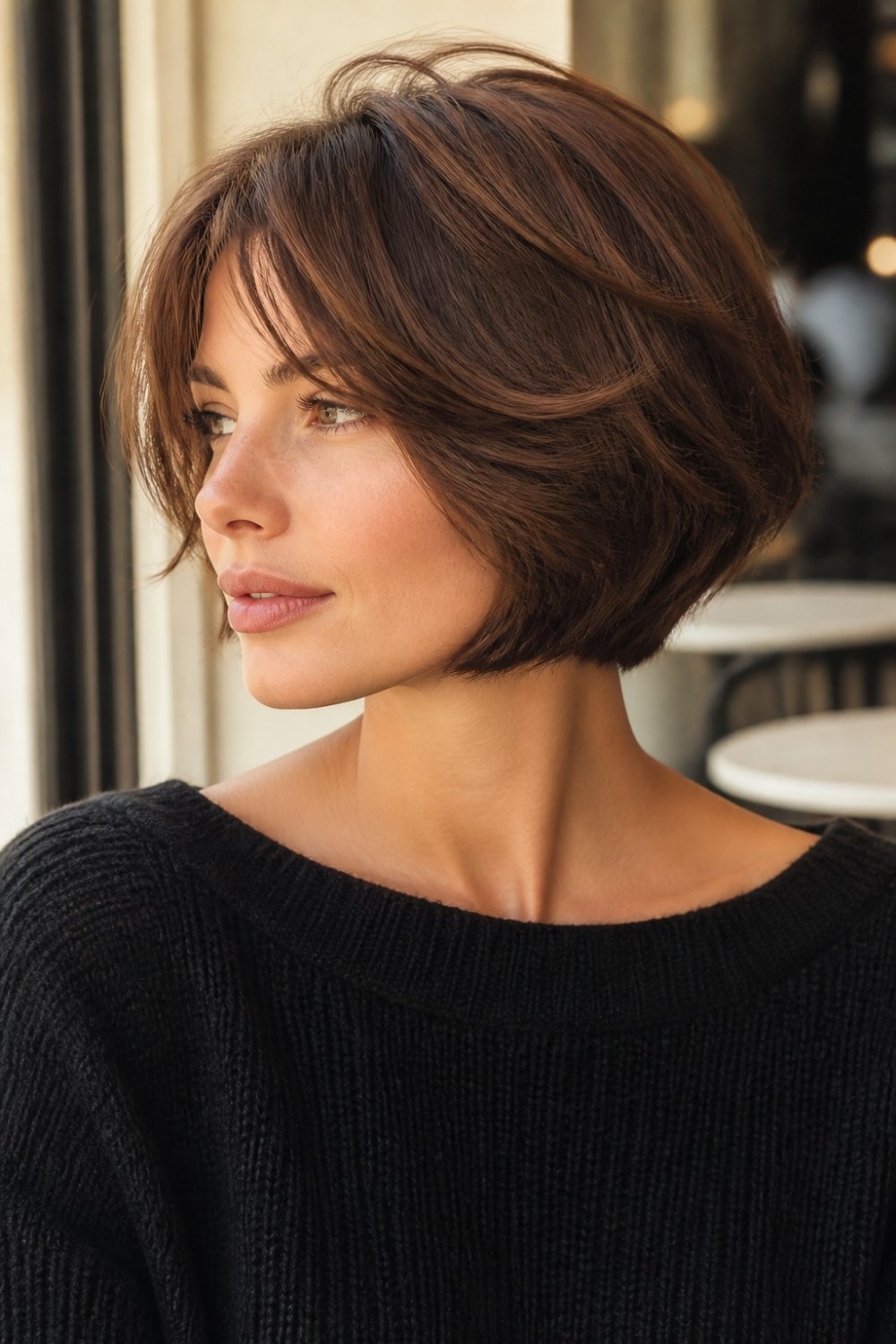 Layered French bob haircut with soft movement in mocha brown hair