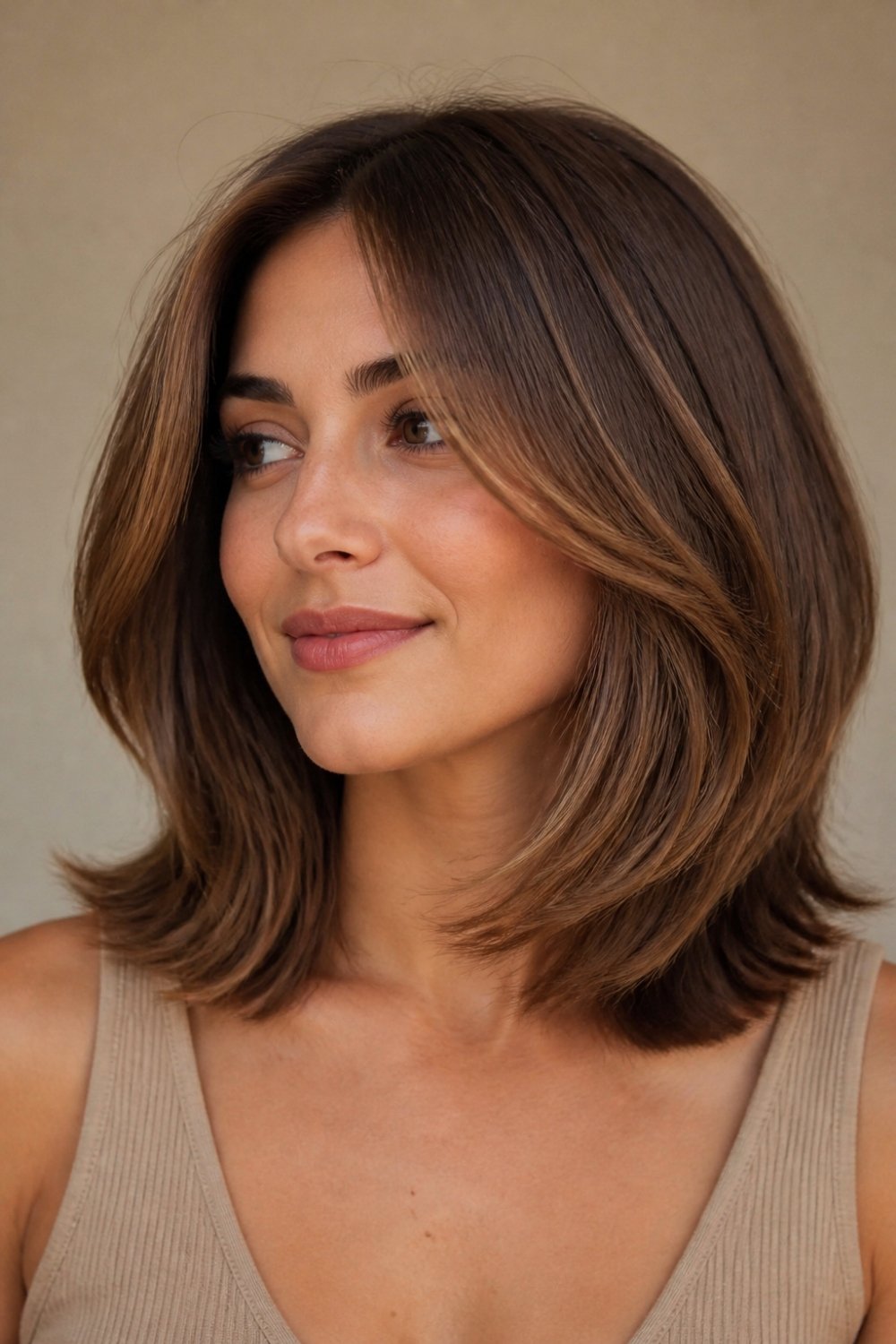 Layered lob haircut in caramel brown with soft movement long bob