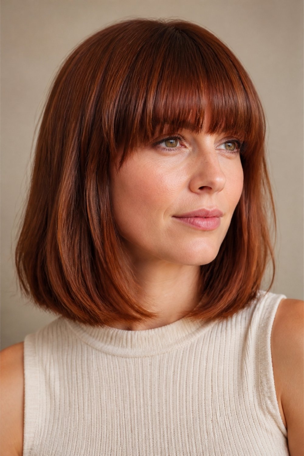 Lob haircut with blunt bangs on auburn long bob