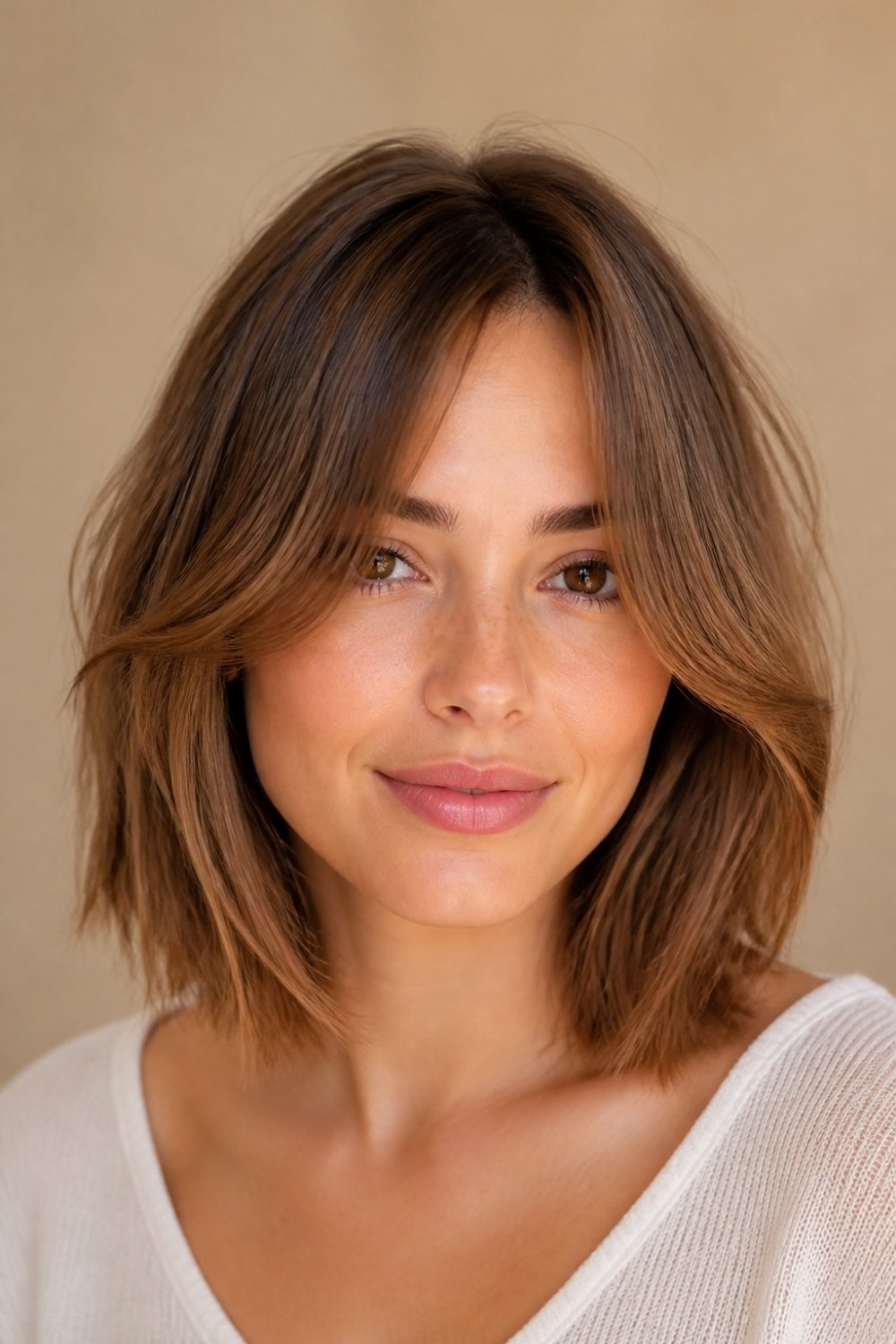 Lob haircut with curtain bangs on light brown long bob