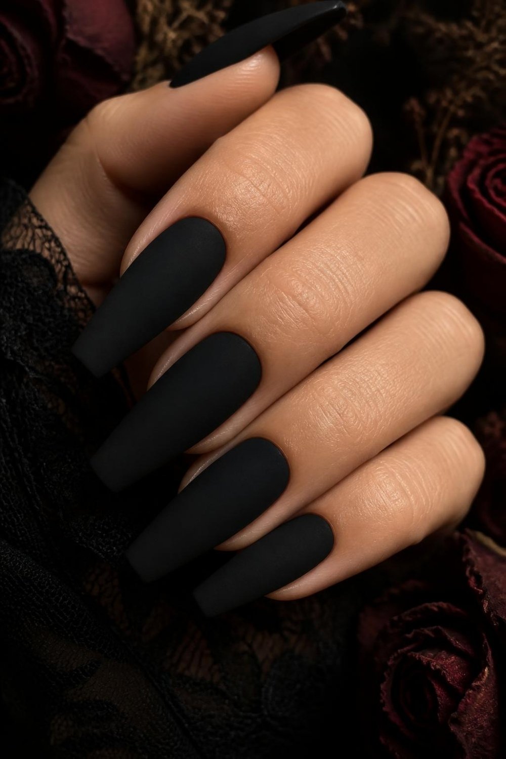 Matte black coffin gothic nails on long coffin shaped nails