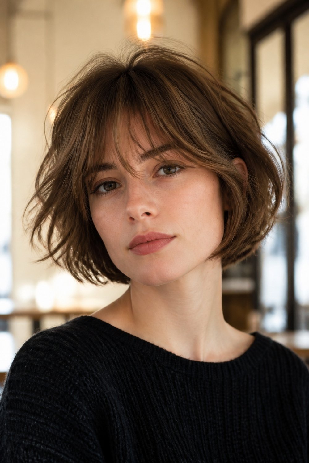 Messy air-dried textured French bob in light brown hair