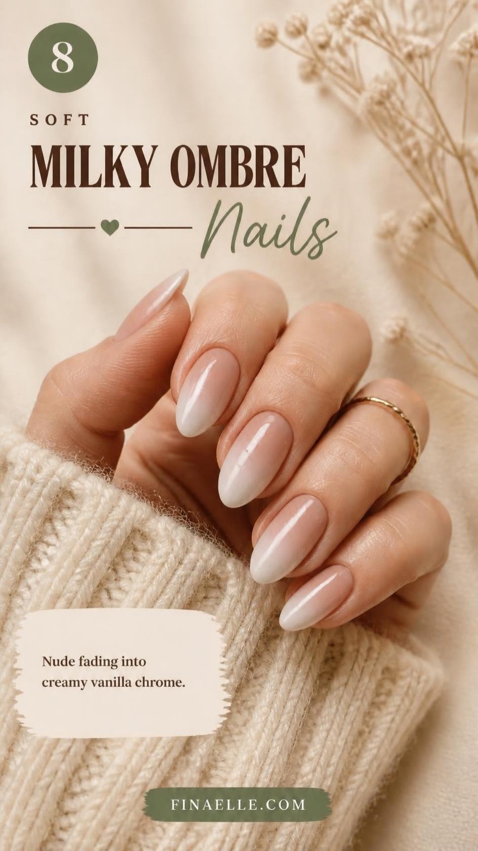 Milky vanilla chrome ombre nails fading from nude pink to creamy vanilla on almond nails
