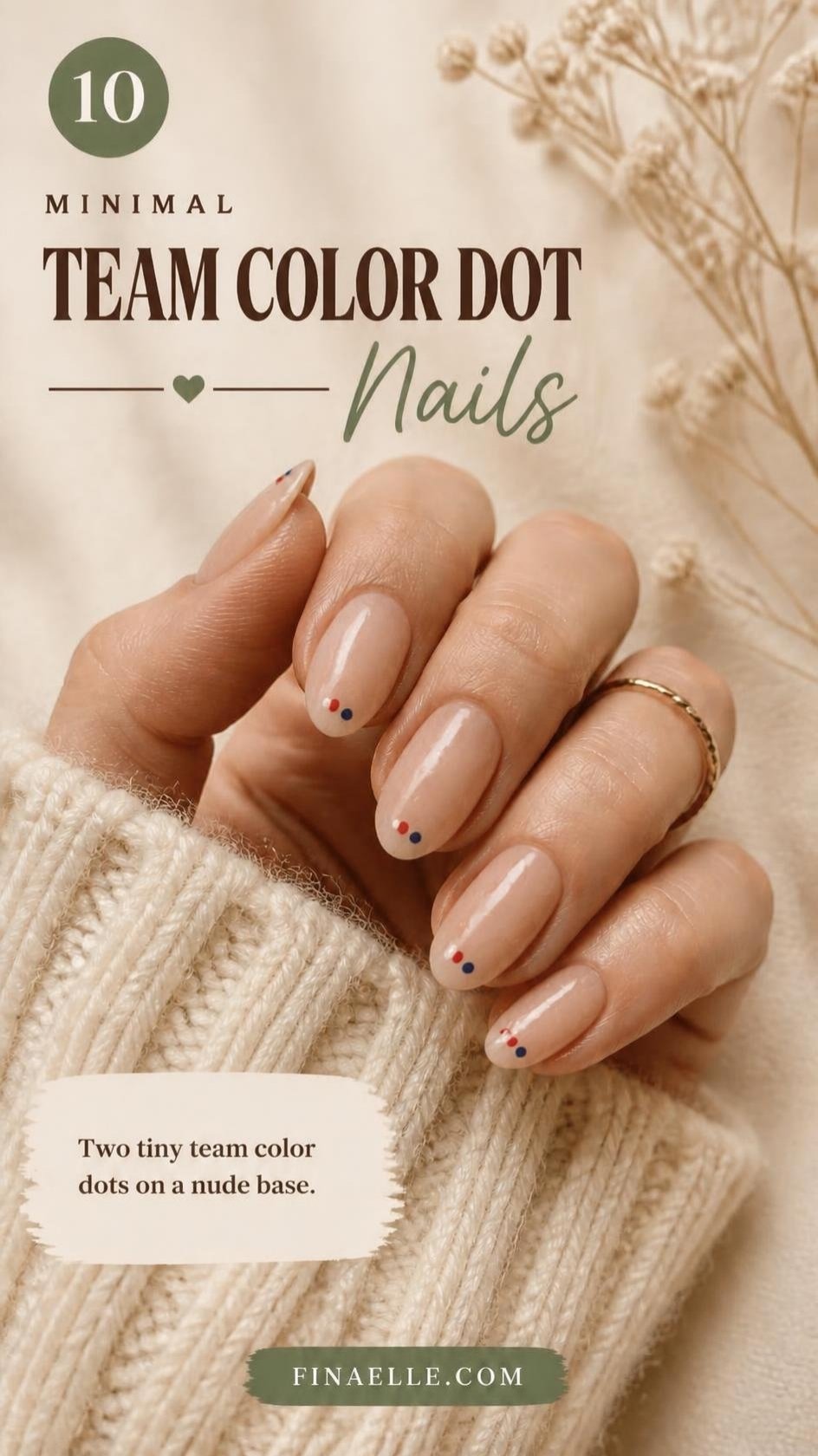 Minimal team color dot NFL nails with tiny red and navy dots on nude almond nails