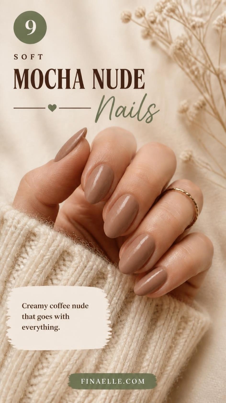 Mocha nude October nail color on glossy almond nails