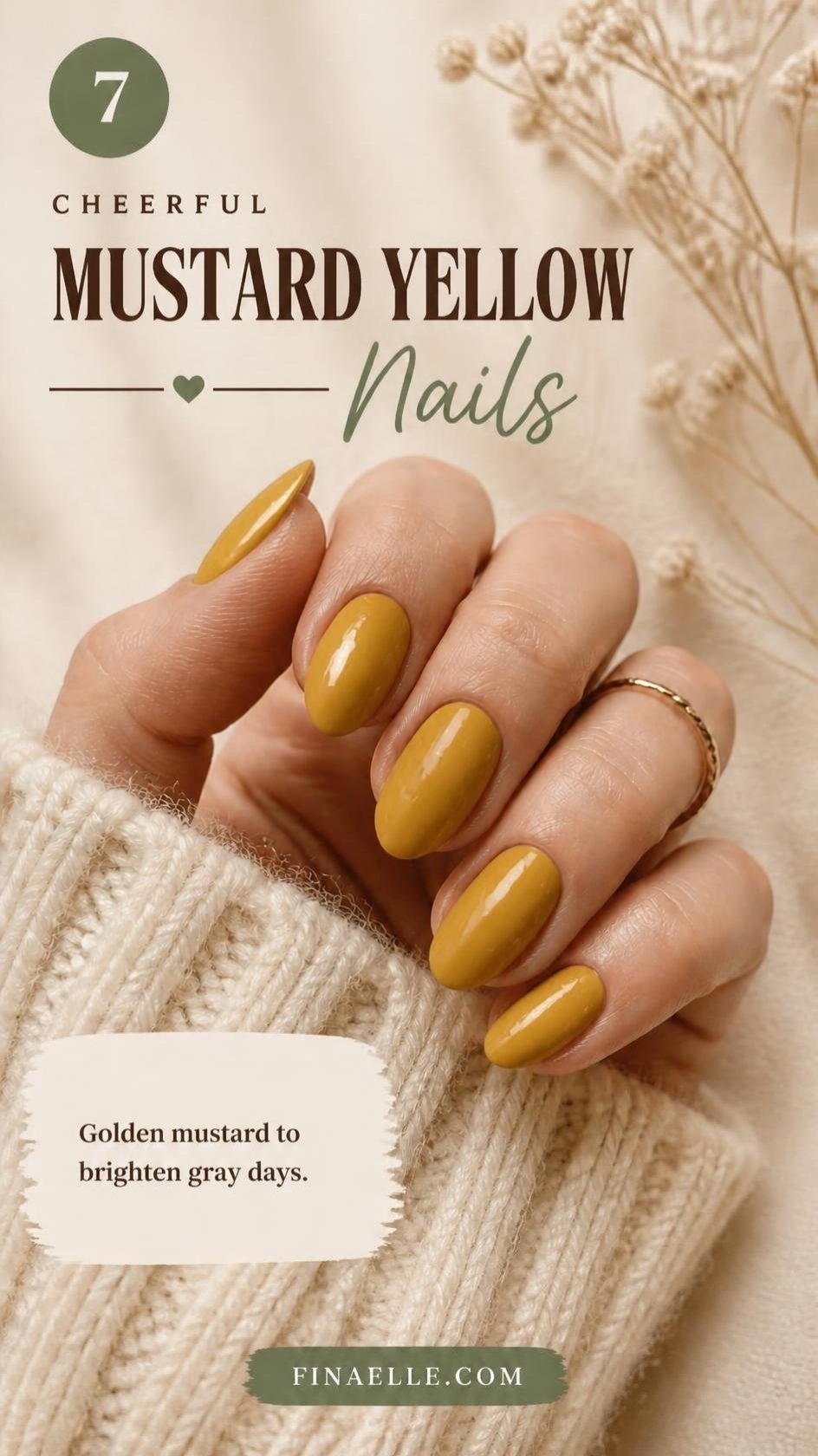 Mustard yellow October nail color on glossy almond nails