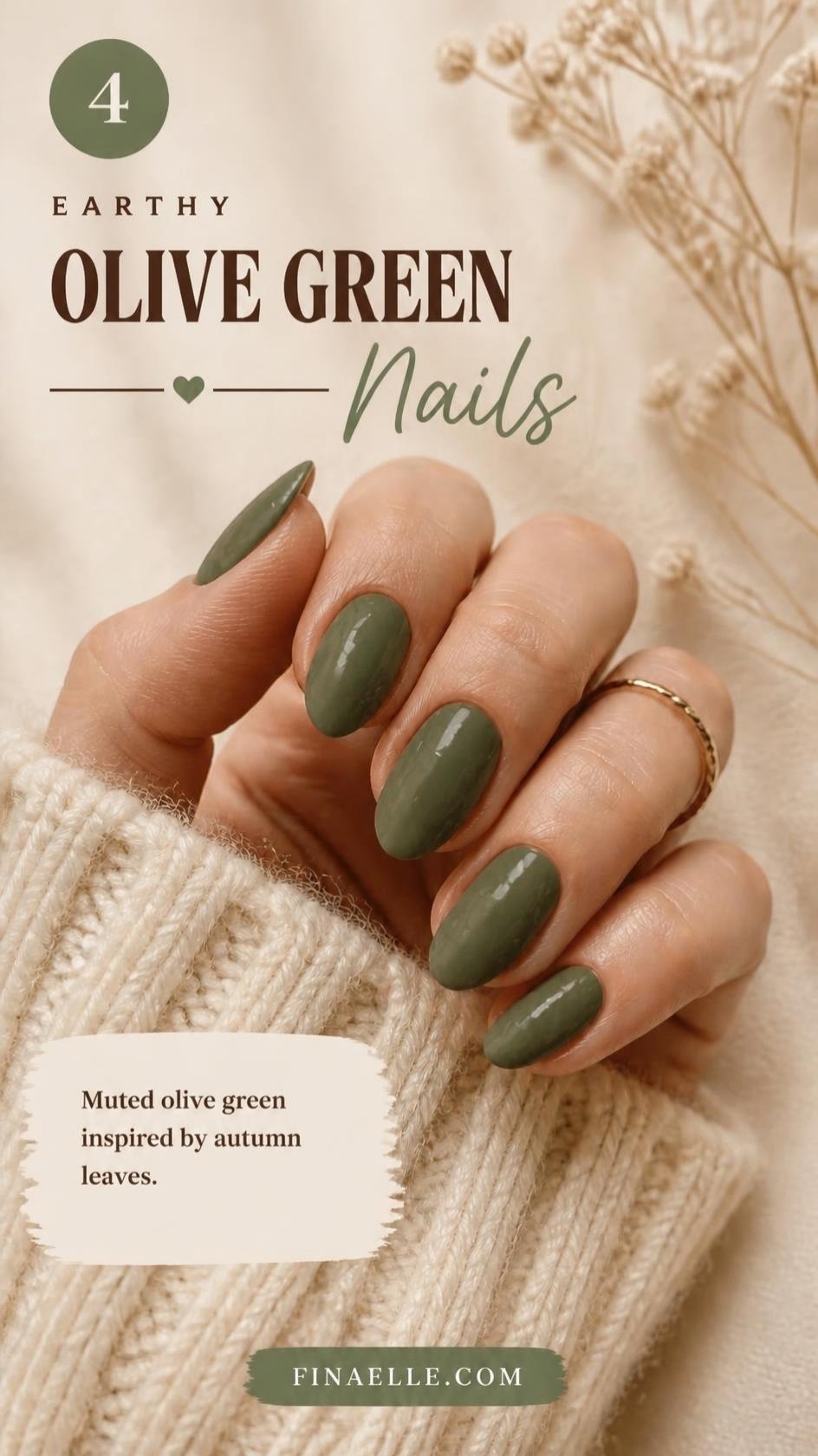 Olive green October nail color on glossy almond nails