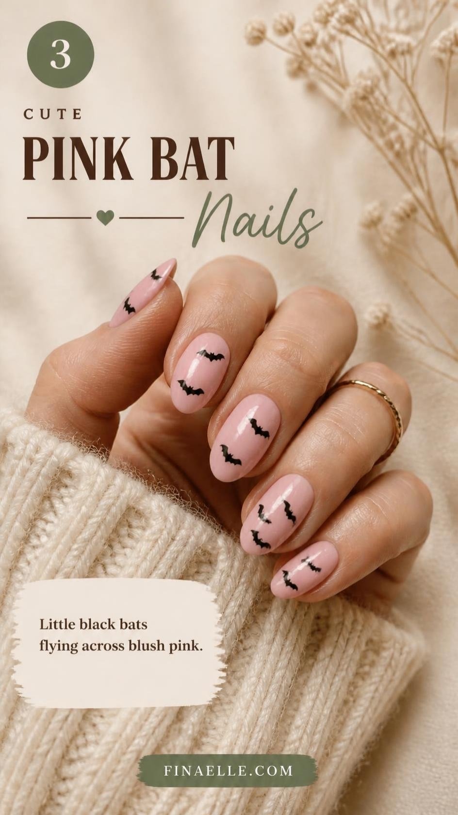 Pink bat Halloween nails with small black bats on blush pink almond nails