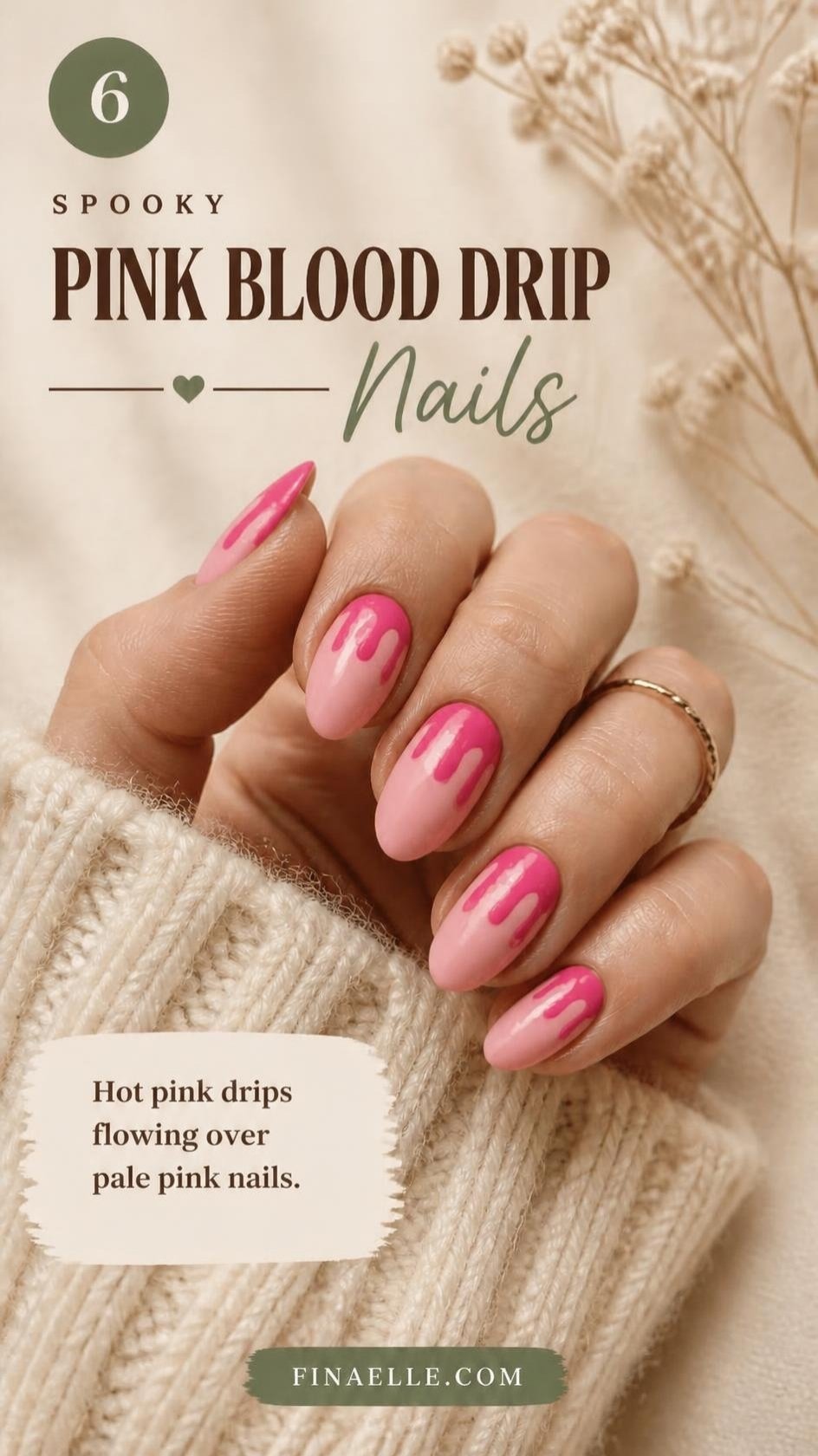 Pink blood drip Halloween nails with hot pink drips on pale pink almond nails