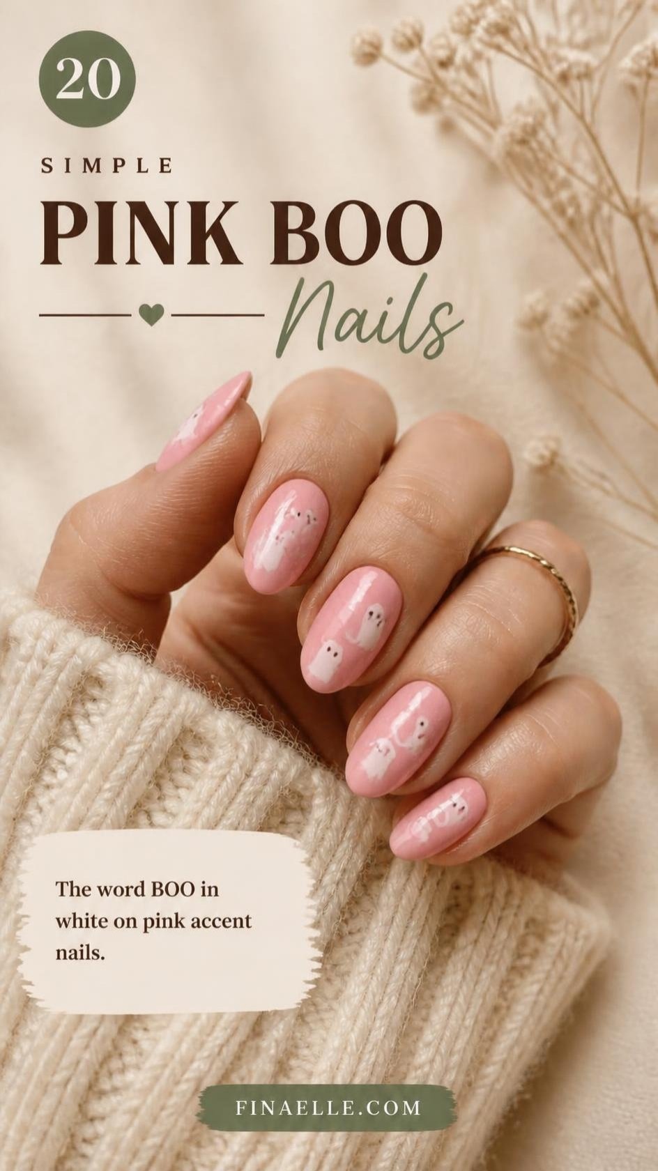Pink boo Halloween nails with tiny white ghosts on bubblegum pink almond nails