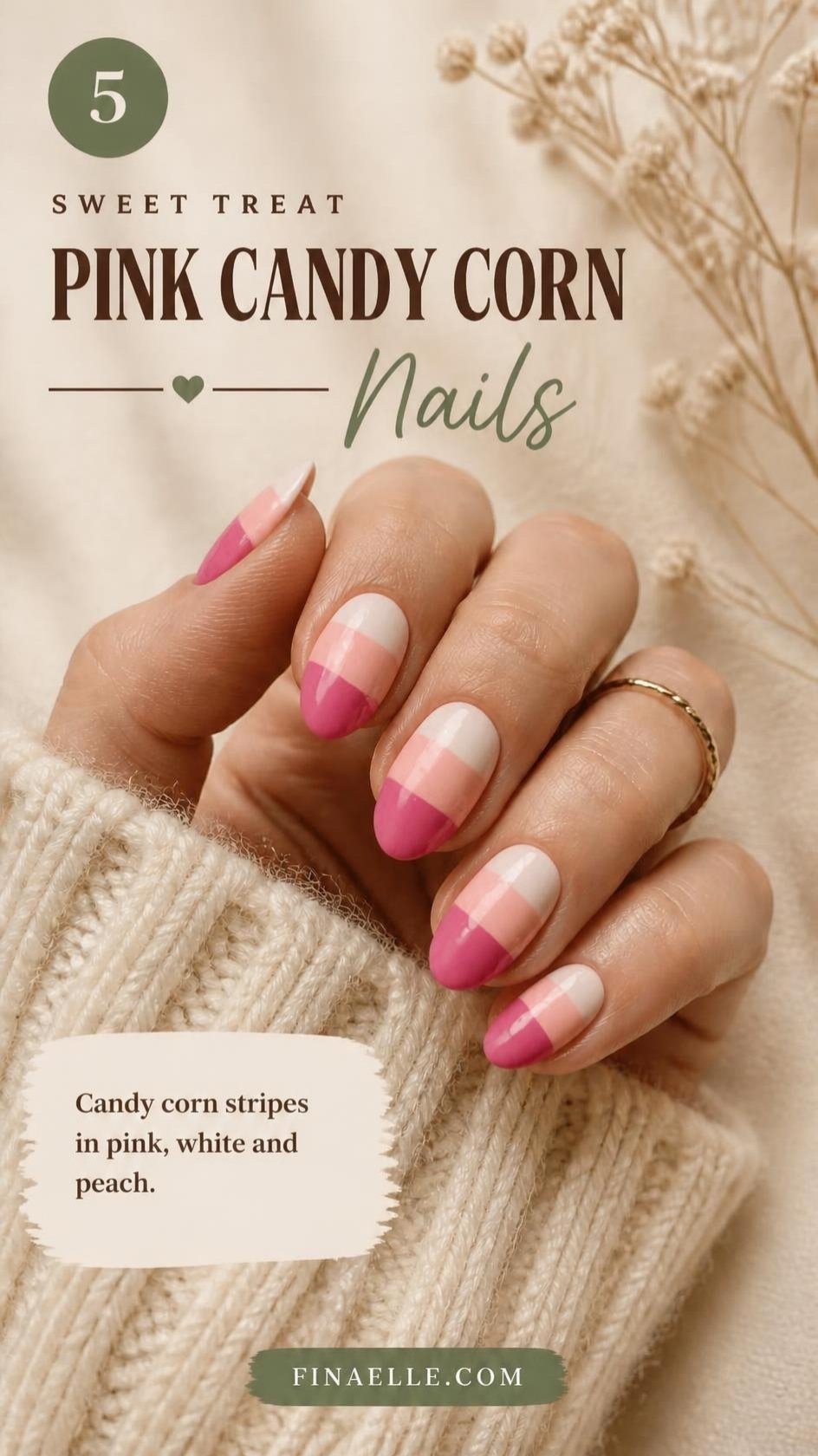 Pink candy corn Halloween nails with white and pink striped almond nails