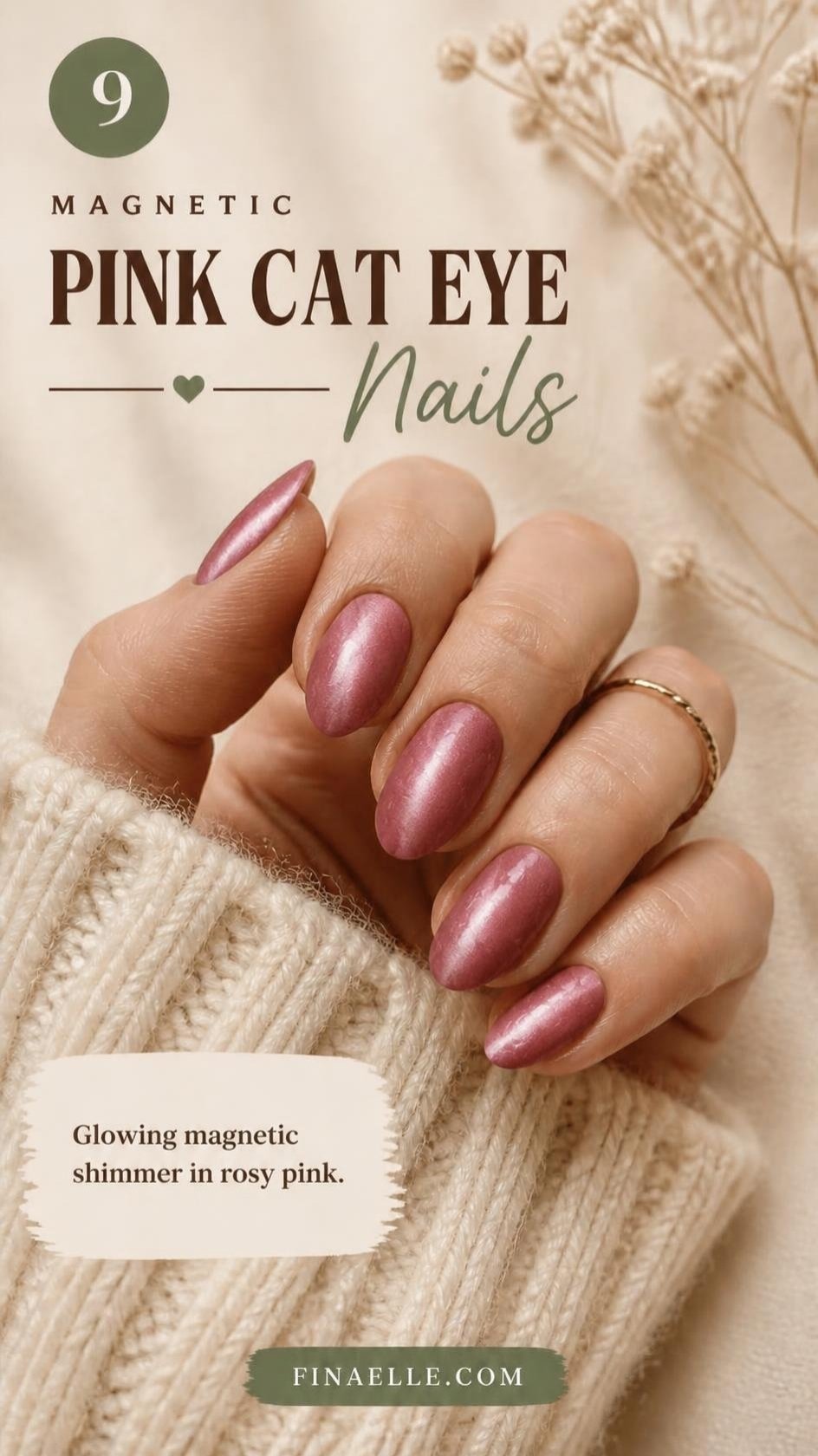 Pink cat eye Halloween nails with glowing magnetic shimmer on almond nails