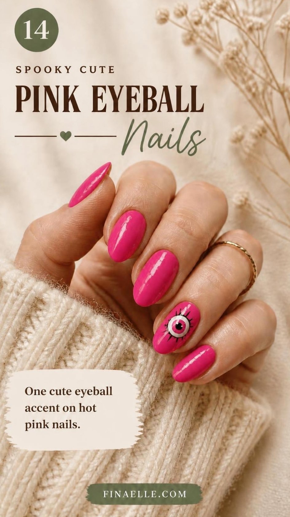 Pink eyeball Halloween nails with a cute eyeball accent on hot pink almond nails