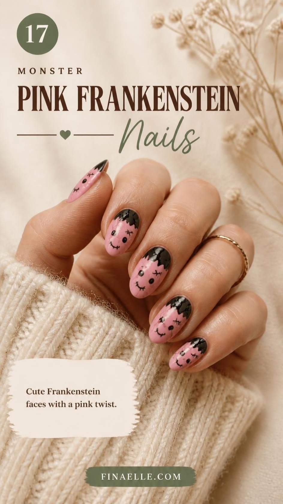 Pink Frankenstein Halloween nails with cute monster faces on pastel pink almond nails