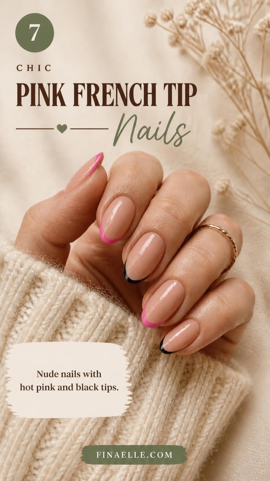 Pink and black French tip Halloween nails on nude almond nails