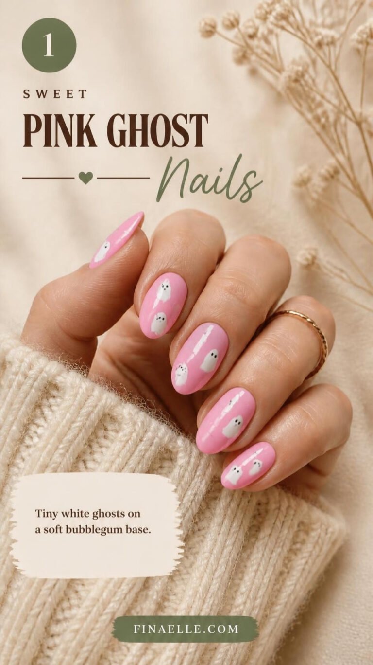 Pink ghost Halloween nails with cute white ghosts on bubblegum pink almond nails