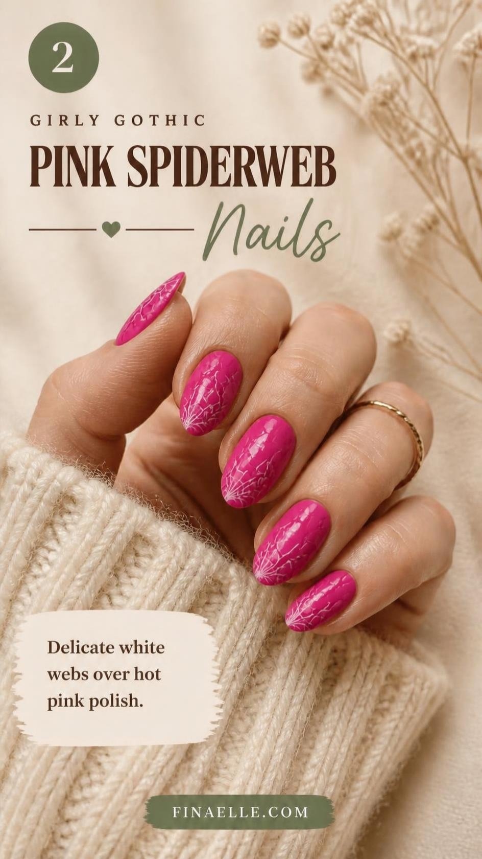 Pink spiderweb Halloween nails with white webs on hot pink almond nails