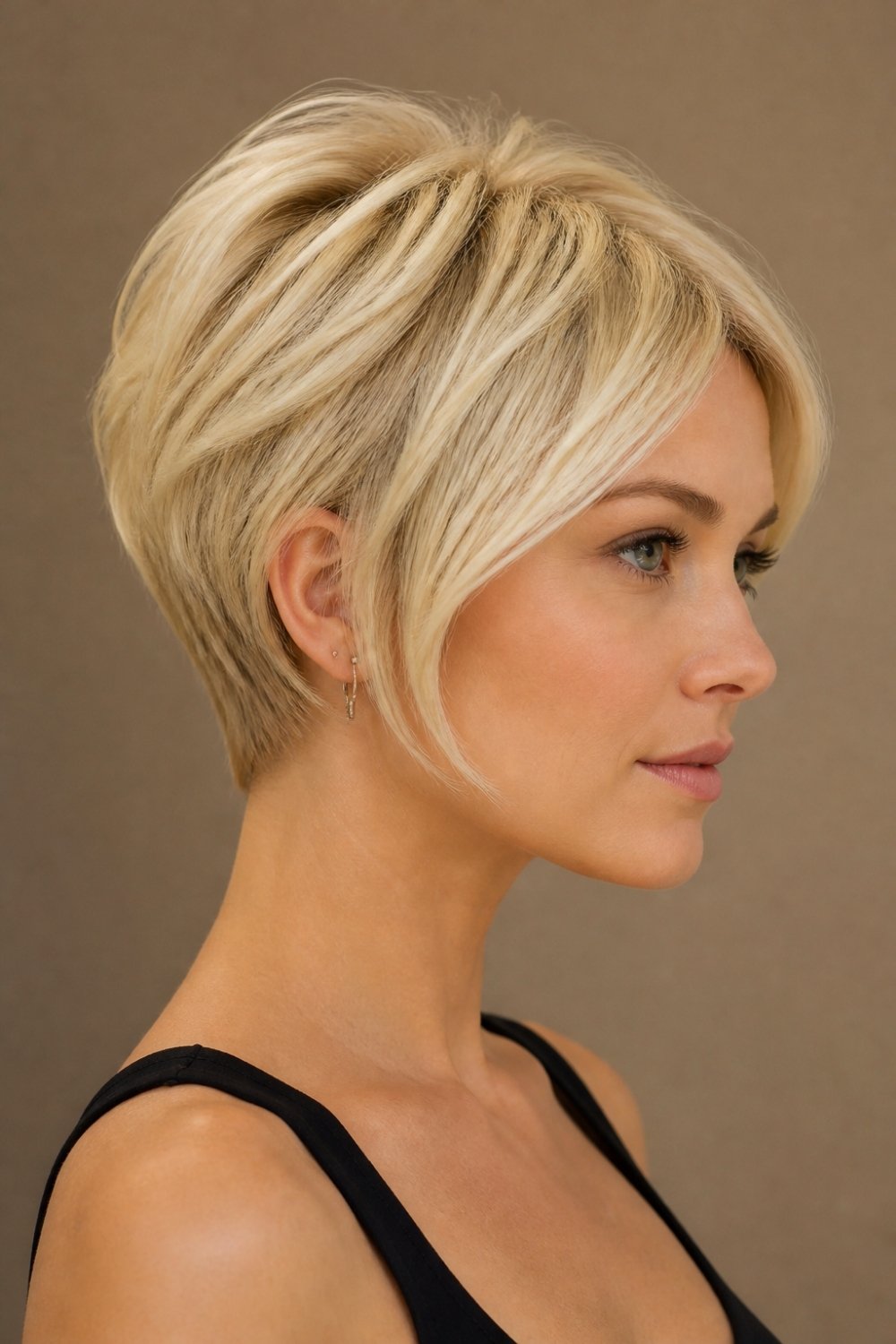 Pixie bob haircut for women, short cropped back with longer side pieces in platinum blonde