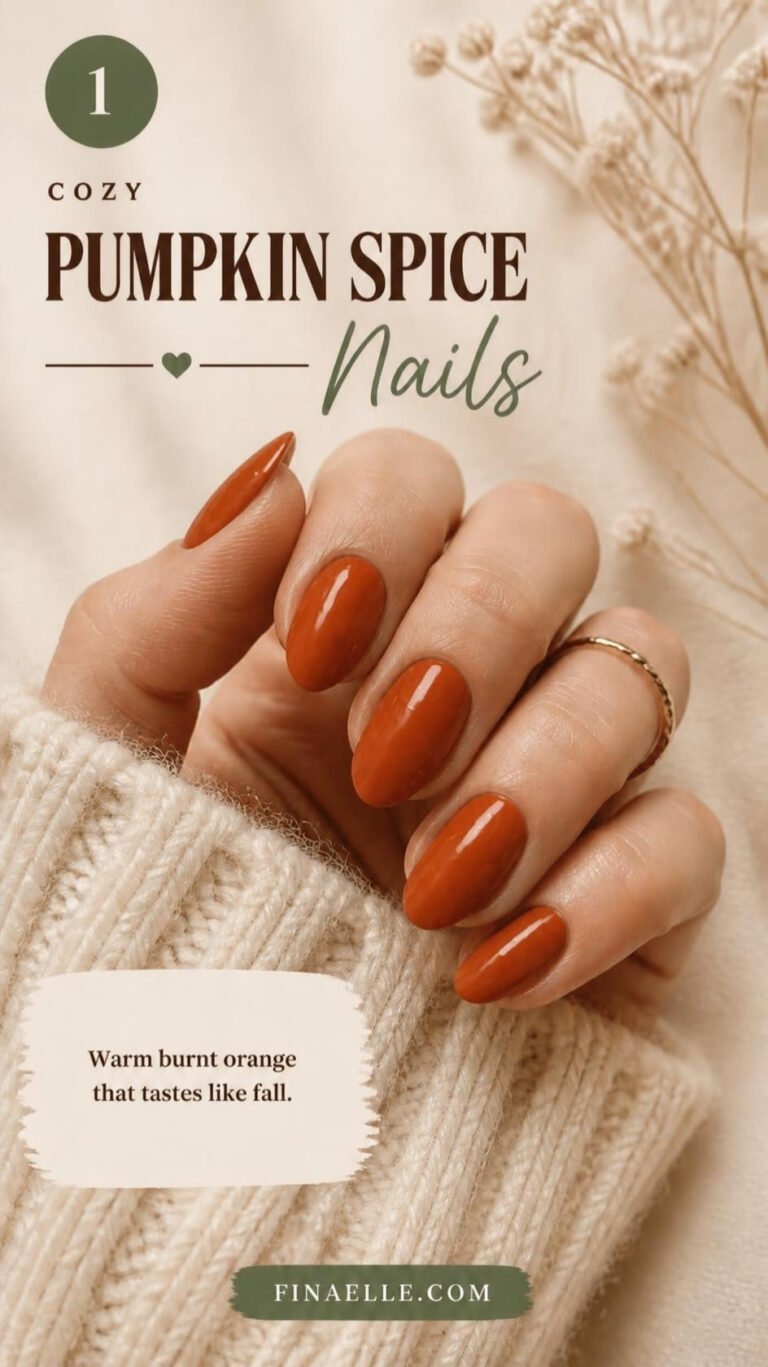 Pumpkin spice orange October nail color on glossy almond nails